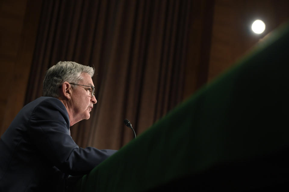 Federal Reserve Chairman Jerome Powell testifies before the Senate Banking Committee on Capitol Hill in Washington, Wednesday, Feb. 12, 2020, during a hearing on the Monetary Policy Report. (AP Photo/Susan Walsh)