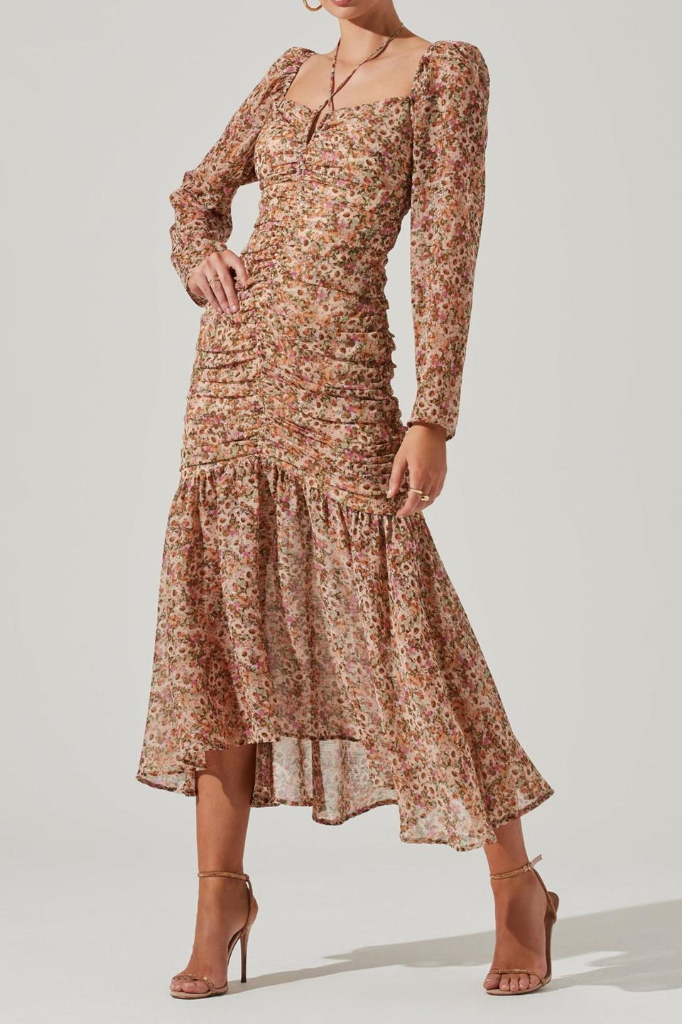 Athena Floral Ruched Long Sleeve Midi Dress