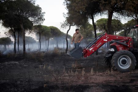 A man rides on a tractor while helping to put out a forest fire near Donana National Park in Mazagon, southern Spain June 25, 2017. REUTERS/Jon Nazca
