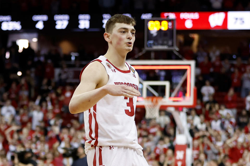 MADISON, WISCONSIN – MARCH 19: Connor Essegian #3 of the Wisconsin Badgers reacts after the Wisconsin Badgers defeat the Liberty Flames in the second round of the NIT Men’s Basketball Tournament at Kohl Center on March 19, 2023 in Madison, Wisconsin. (Photo by John Fisher/Getty Images)