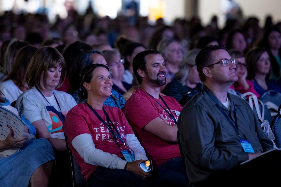 People listen as Utah first lady Abby Cox speaks at the Show Up for Teachers Conference at the Mountain America Expo Center in Sandy on Wednesday, July 19, 2023. | Spenser Heaps, Deseret News