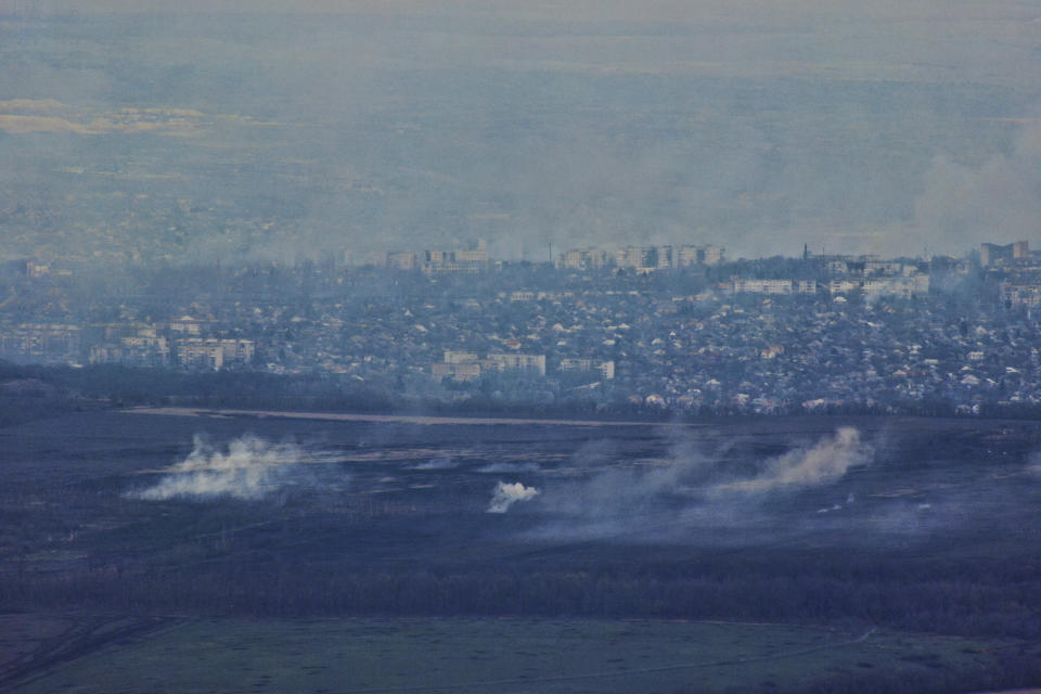 An aerial view of Bakhmut, the site of heavy battles with Russian troops in the Donetsk region, Ukraine, Sunday, April 9, 2023. (AP Photo/Libkos)