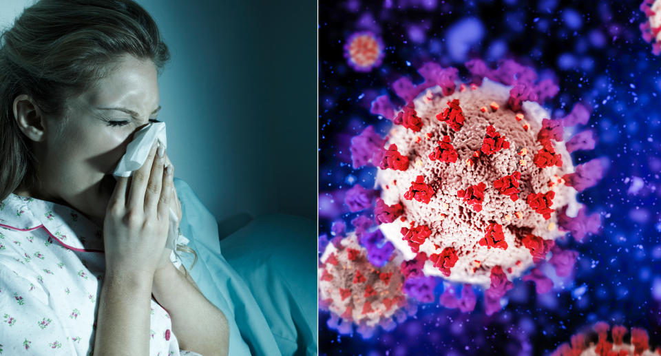 A woman blows her nose into a tissue (left) and Covid molecules under a microscope (right).