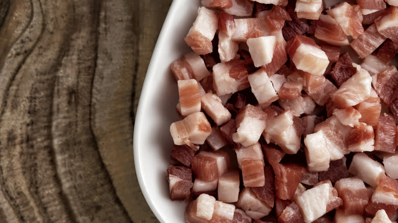 Pancetta, raw, in a bowl