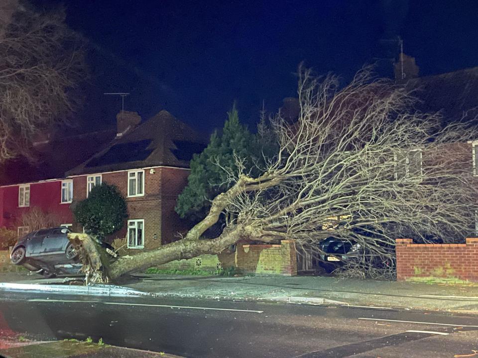 A tree blown over by Storm Henk that has landed on one car and upturned another on Nacton Road in Ipswich. Picture date: Tuesday January 2, 2024.