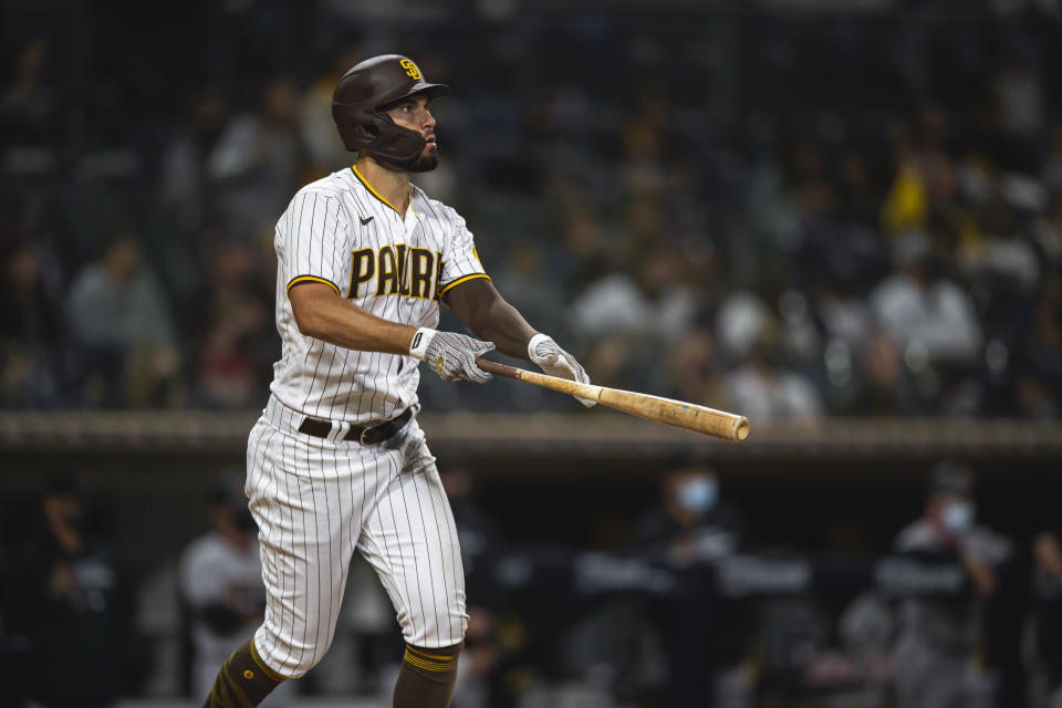 SAN DIEGO, CA - APRIL 02: Infielder Eric Hosmer #30 of the San Diego Padres hits a two-run home run in the bottom of the third inning against the Arizona Diamondbacks at Petco Park on April 2, 2021 in San Diego, California. (Photo by Matt Thomas/San Diego Padres/Getty Images)