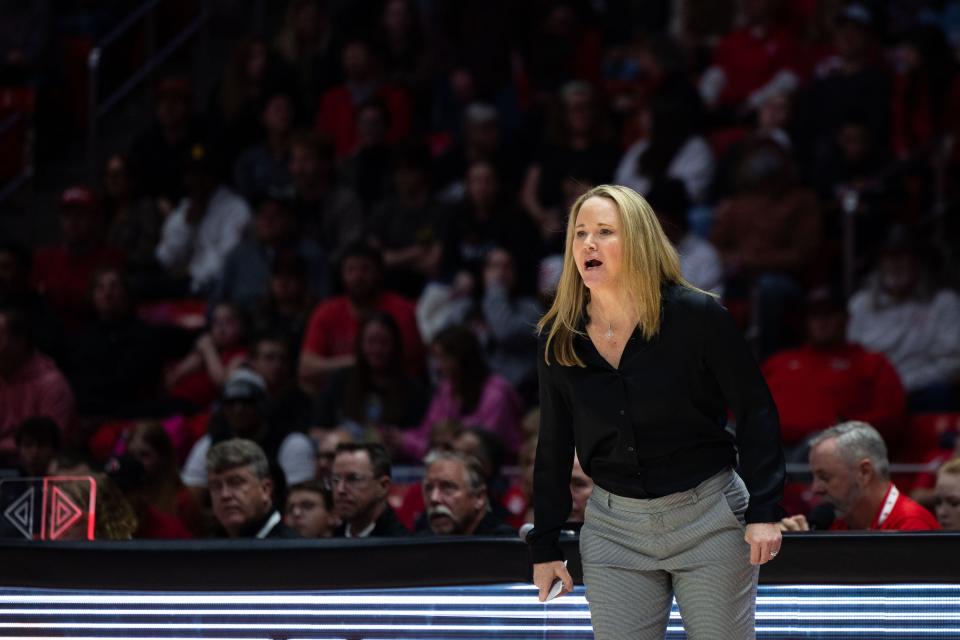 Utah Utes head coach Lynne Roberts yells during the women’s college basketball game between the Utah Utes and the Oregon State Beavers at the Jon M. Huntsman Center in Salt Lake City on Friday, Feb. 9, 2024. | Megan Nielsen, Deseret News
