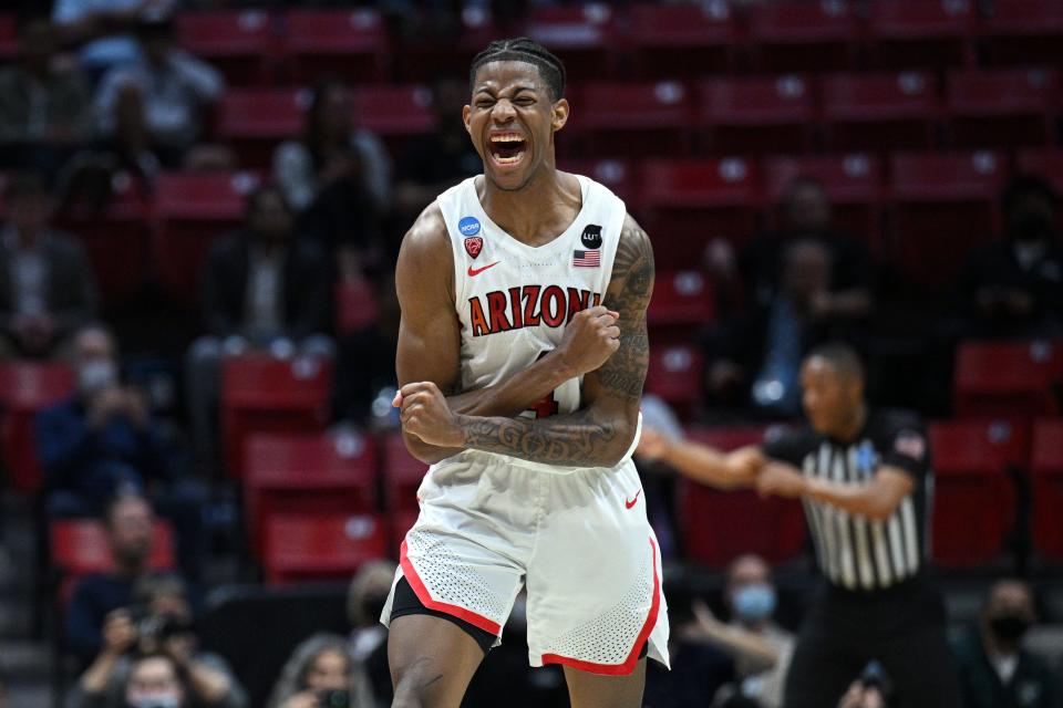 Arizona Wildcats guard Dalen Terry (4) reacts in the first half against the TCU Horned Frogs during the second round of the 2022 NCAA Tournament at Viejas Arena.