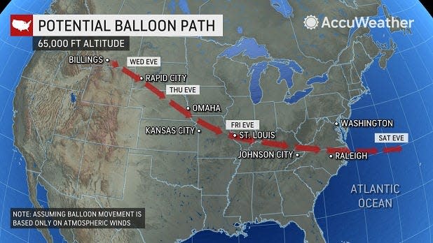 Accuweather's estimated path for the balloon, based on wind patterns.