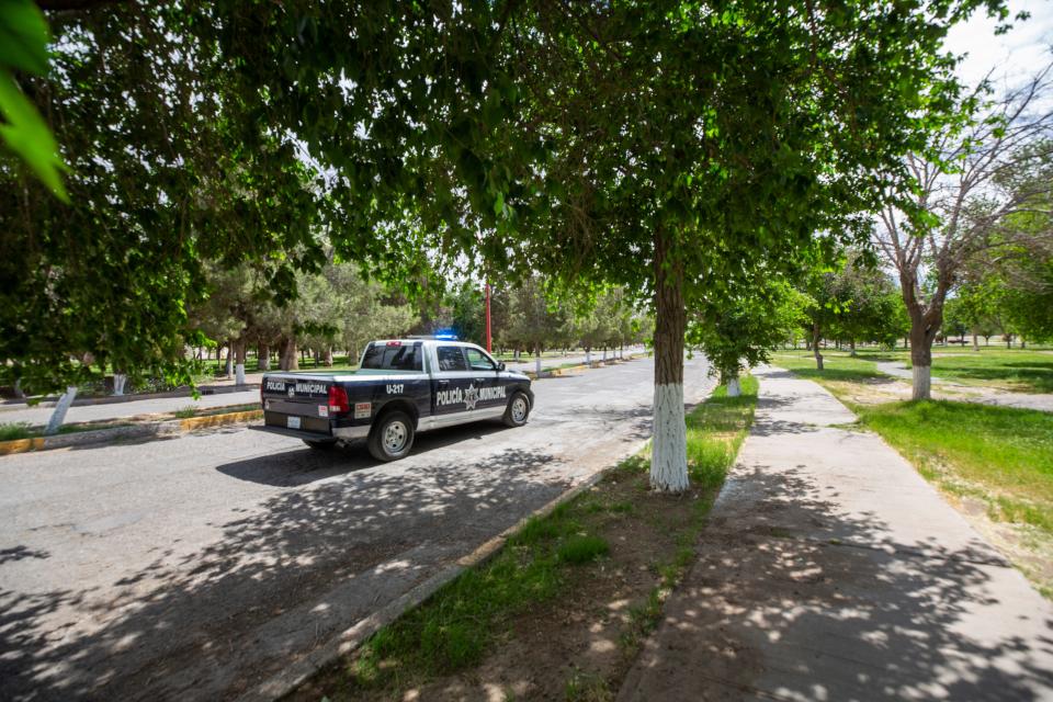 Ciudad Juarez municipal police patrol El Chamizal public park on April 27, 2021. The park continues to be closed to the public since Easter Weekend as COVID-19 infections continue to rise in the border city.