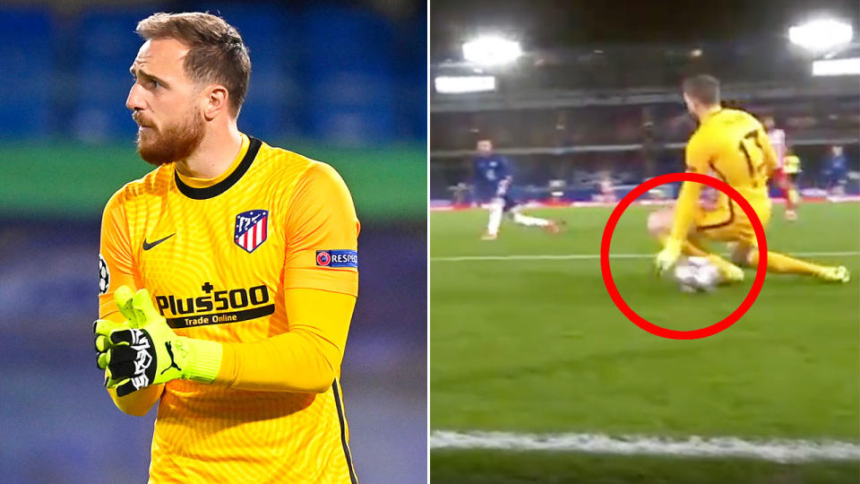 Seen here, Jan Oblak lets Hakim Ziyech's shot squirm under his body.