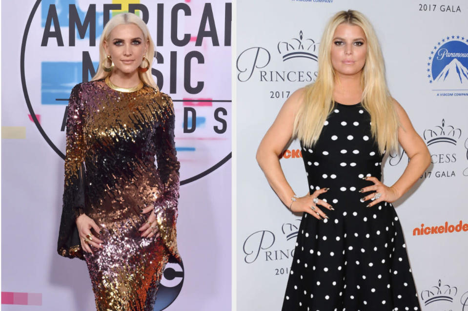Side-by-sides of Ashlee and Jessica Simpson on red carpets