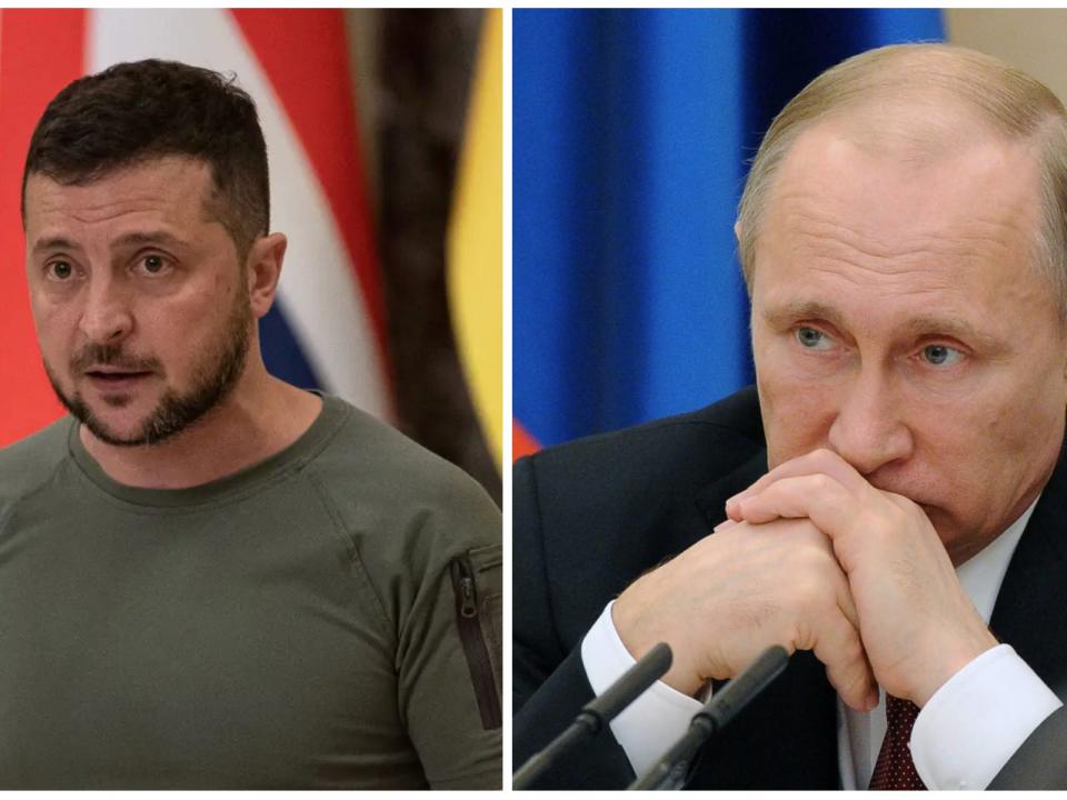 composite image of Volodymyr Zelenskyy and Vladimir Putin