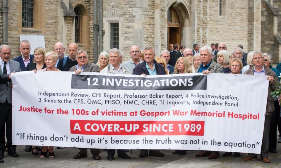 Members of the families of people who died at Gosport War Memorial Hospital outside Portsmouth Cathedral 