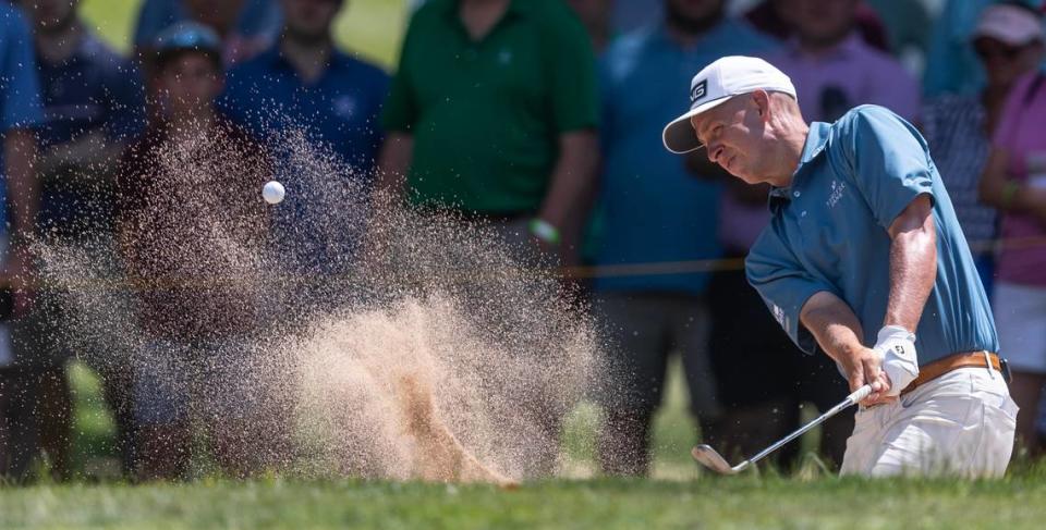 Wichita native Sam Stevens hits out of the bunker on the back nine during the final round of the Wichita Open on Sunday.