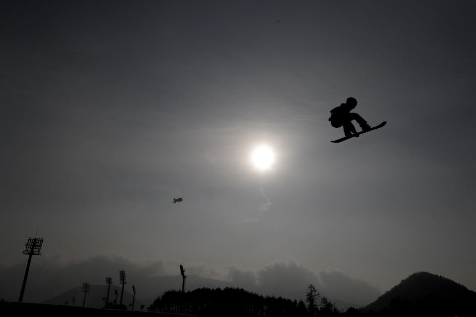 <p>Sebastien Toutant, of Canada, jumps during training for the men’s Big Air snowboard competition at the 2018 Winter Olympics in Pyeongchang, South Korea, Saturday, Feb. 24, 2018. (AP Photo/Matthias Schrader) </p>