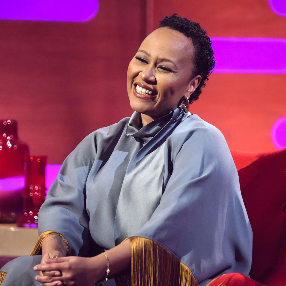 Emeli Sandé sitting in the Graham Norton studio, smiling