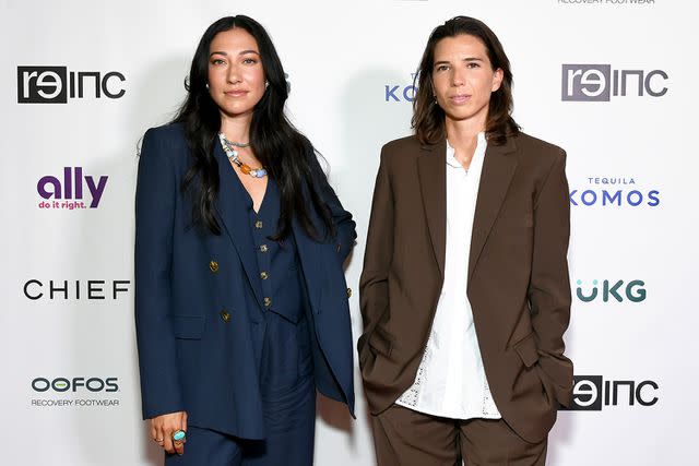 <p>Jon Kopaloff/Getty Images</p> Christen Press and Tobin Heath