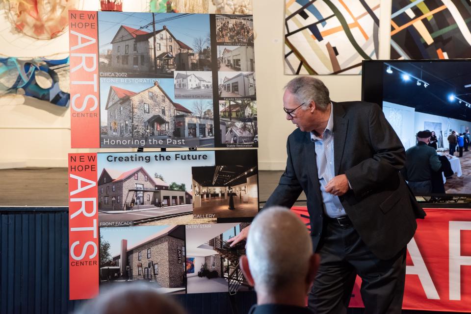 Ralph Fey, architect and New Hope Arts board member, speaks during the official unveiling of renovation rendering plans for the center and an announcement of the upcoming $750,000 capital campaign called “Elevate the Arts,” on Thursday, May 12, 2022. "It’s time that the building and the facility are equal the quality of what’s happening inside," said Fey.