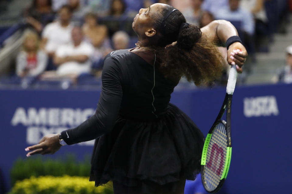 Serena Williams serves to Venus Williams during the third round of the U.S. Open tennis tournament Friday, Aug. 31, 2018, in New York. Serena Williams won 6-1, 6-2. (AP Photo/Adam Hunger)