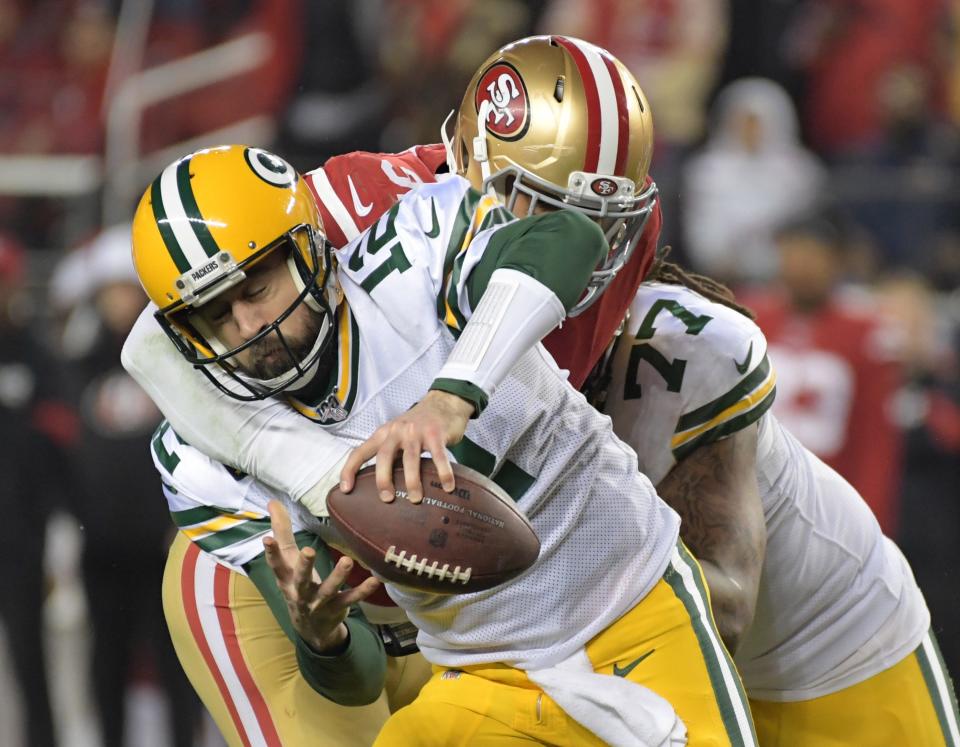 The San Francisco 49ers sacked Green Bay Packers quarterback Aaron Rodgers three times and intercepted him twice as the Niners won the 2019 NFC championship game 37-20 to advance to Super Bowl 54.