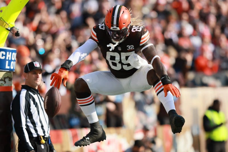 Cleveland Browns tight end David Njoku totaled 134 yards on six catches in a win over the New York Jets on Thursday in Cleveland. File Photo by Aaron Josefczyk/UPI