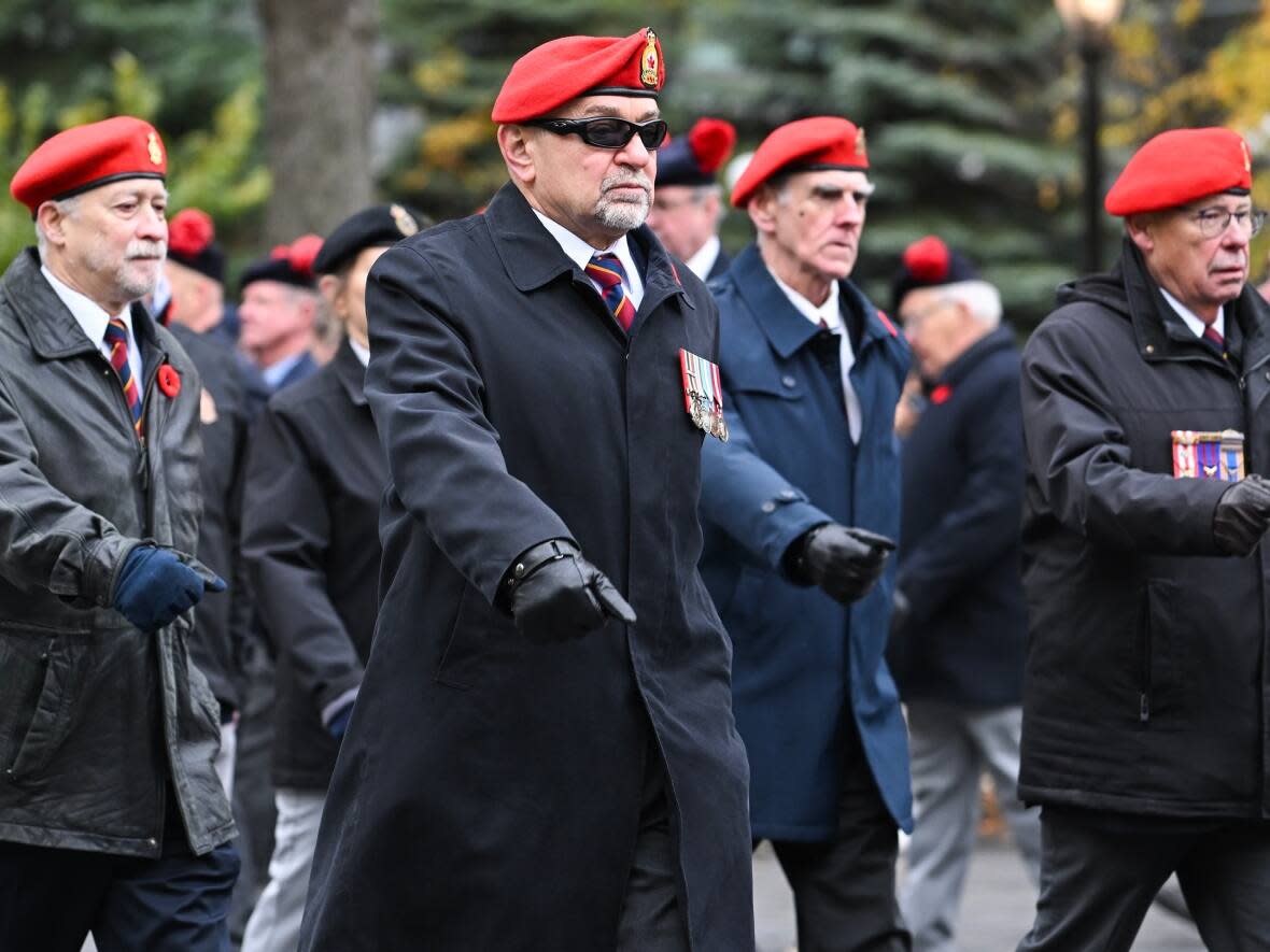 Canadian veterans march following a Remembrance Day ceremony in Montreal in 2023. (Graham Hughes/The Canadian Press - image credit)