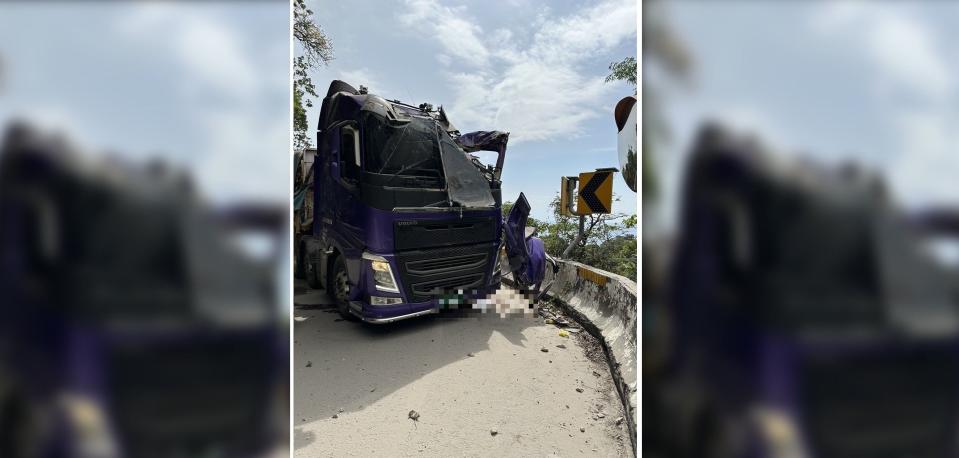 大清水隧道兩輛聯結車被落石砸中，其中一名駕駛罹難。（傅崐萁提供）