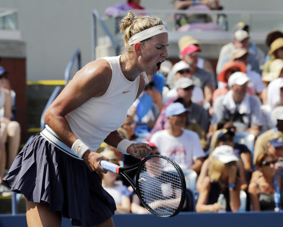 Victoria Azarenka, of Belarus, reacts during her match against Daria Gavrilova, of Australia, during the second round of the U.S. Open tennis tournament, Wednesday, Aug. 29, 2018, in New York. (AP Photo/Frank Franklin II)