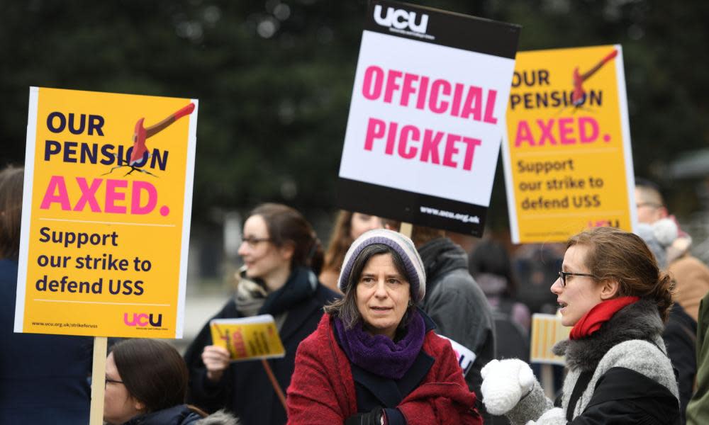 Staff and students protest outside Cambridge University’s Sidgwick site on Thursday.