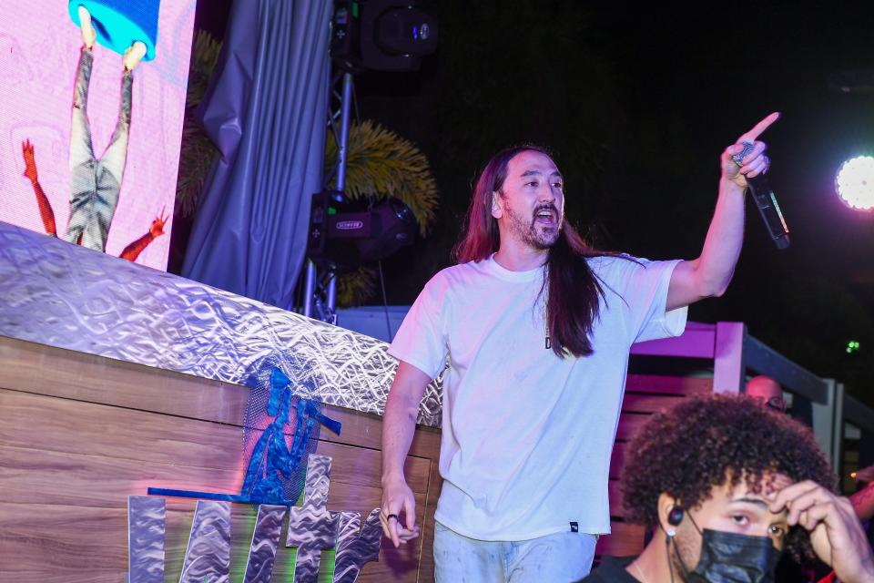 DJ Steve Aoki performs during the E11EVEN Miami x Barstool Sports Big Game Pop-Up event on Feb. 5 in Tampa, Florida.