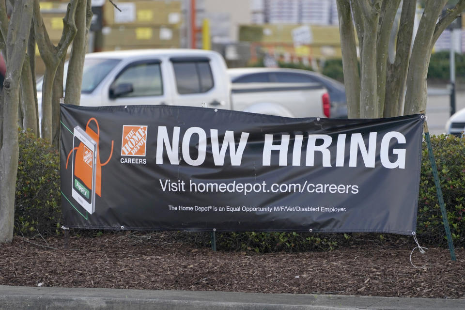 IMAGE: A hiring banner at a Home Depot store in Hattiesburg, Miss. (Rogelio V. Solis / AP file)