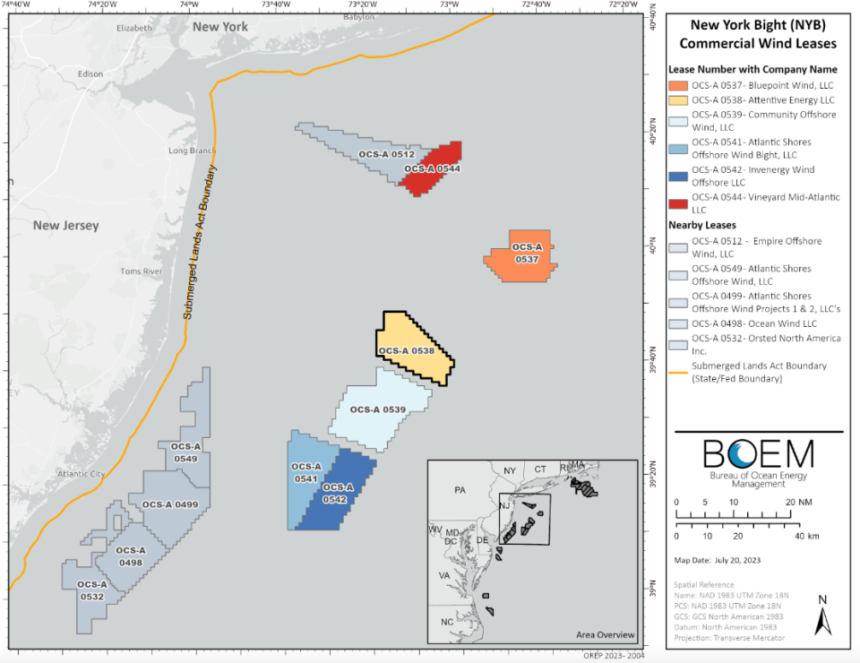 Attentive Energy's lease area, shown in yellow, will be the site of two future offshore wind energy projects that will benefit New York and New Jersey.