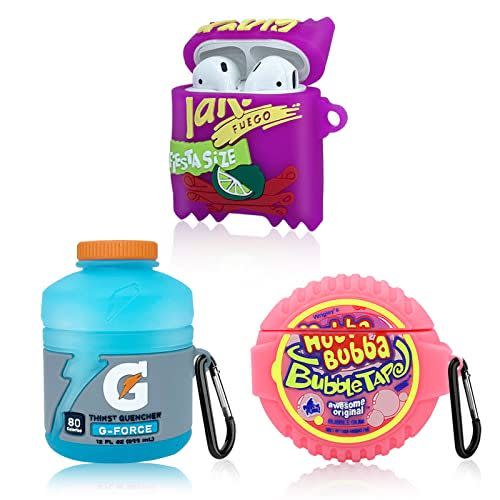 (3 Pack) Cute Airpod Case for Airpods 2&1, 3D Kawaii Silicone Cartoon Food Funny Protective Cover Accessories Skin for Airpod 1&2 Gen Charging Case for Girls Boys-(Bubble Gum+Sport Water+Takis )