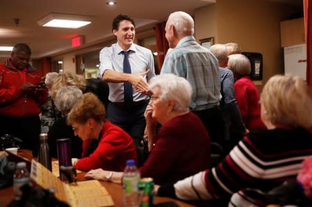 Liberal leader and Canadian Prime Minister Justin Trudeau campaigns for the upcoming election in a retirement house in Chambly