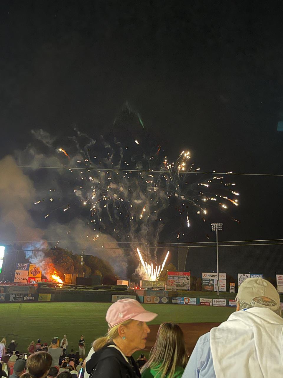 A fire breaks out during the fireworks show following a Jersey Shore BlueClaws game on July 4, 2022.