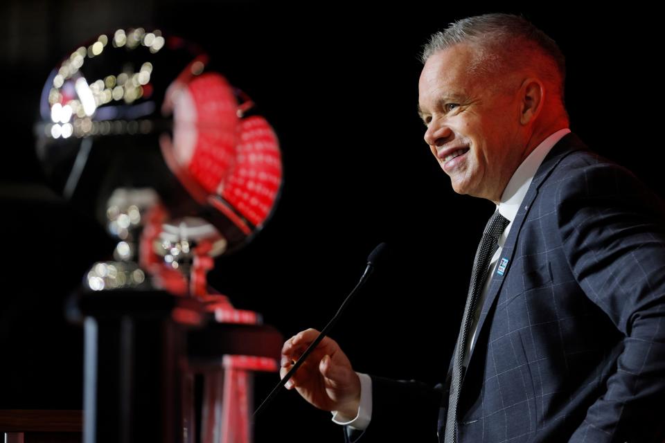 Ohio State coach Chris Holtmann speaks at a Big Ten press conference on Oct. 10.