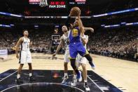 May 22, 2017; San Antonio, TX, USA; Golden State Warriors point guard Stephen Curry (30) is fouled while shooting by San Antonio Spurs center Pau Gasol (behind) during the second half in game four of the Western conference finals of the NBA Playoffs at AT&T Center. Mandatory Credit: Soobum Im-USA TODAY Sports