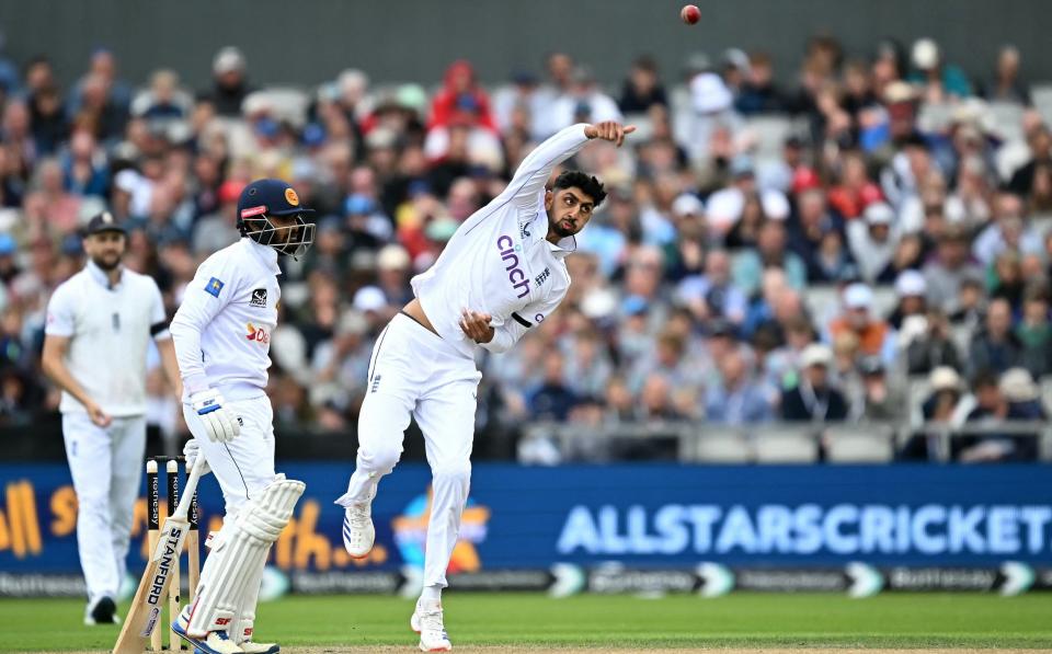 Shoaib Bashir during the first Test between England and Sri Lanka at Old Trafford/