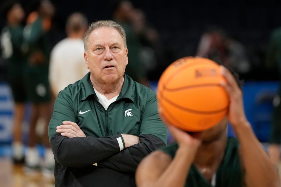 Michigan State Spartans head coach Tom Izzo during practice at Spectrum Center on Wednesday, March 20, 2024, in Charlotte, North Carolina.