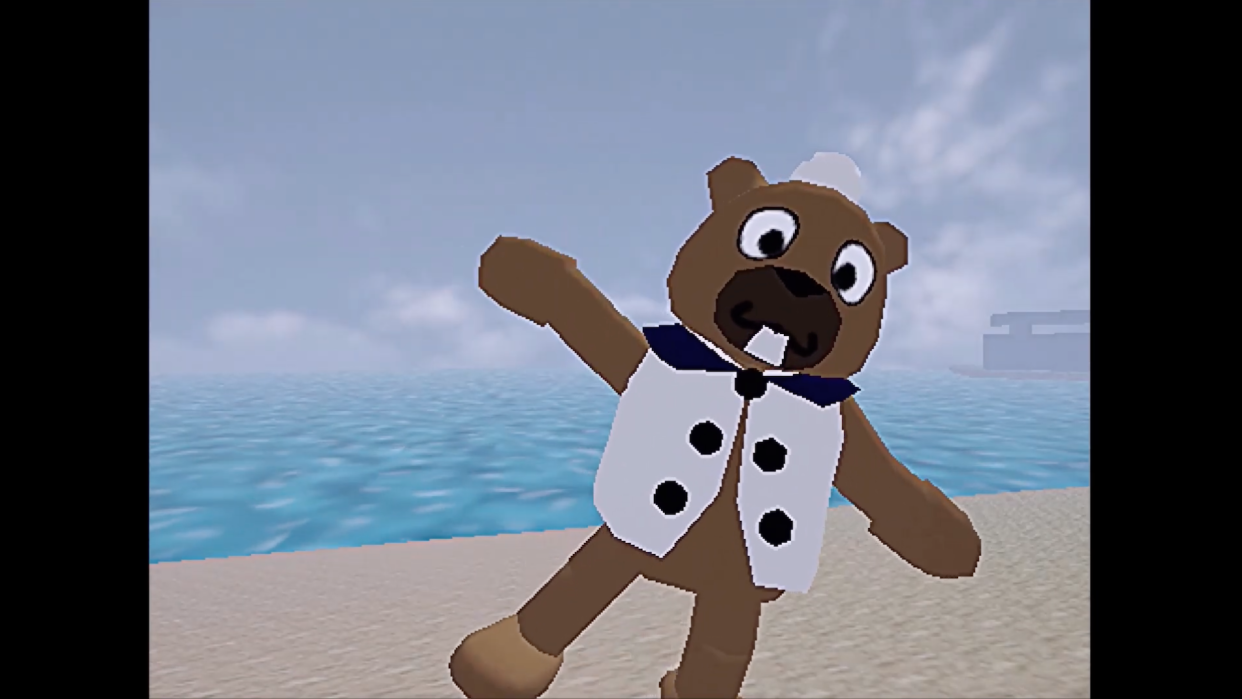  Mascot Beaver waves at the camera in a screenshot from Shipwrecked 64. 