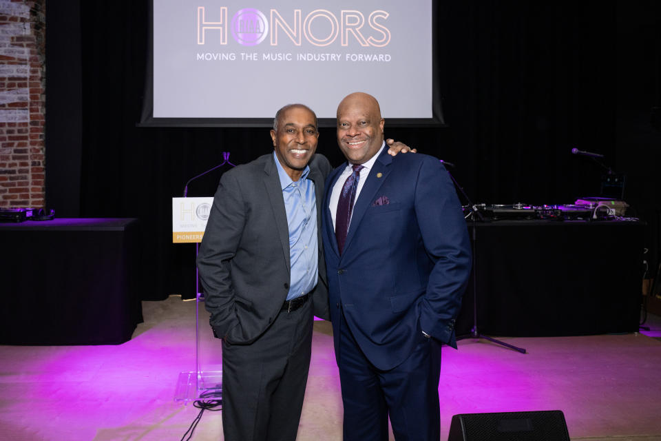 Pioneer of Hip-Hop honoree <strong>Jeff Harleston </strong>and National Museum of African American Music’s <strong><a href="https://www.vibe.com/t/henry-hicks/" rel="nofollow noopener" target="_blank" data-ylk="slk:Henry Hicks;elm:context_link;itc:0;sec:content-canvas" class="link ">Henry Hicks</a></strong>