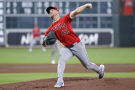 Los Angeles Angels starting pitcher Reid Detmers throws against the Houston Astros during the first inning of a baseball game Monday, May 20, 2024, in Houston. (AP Photo/Michael Wyke)
