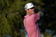 Hudson Swafford hits from the 18th tee during the final round of the American Express golf tournament on the Pete Dye Stadium Course at PGA West, Sunday, Jan. 23, 2022, in La Quinta, Calif. (AP Photo/Marcio Jose Sanchez)