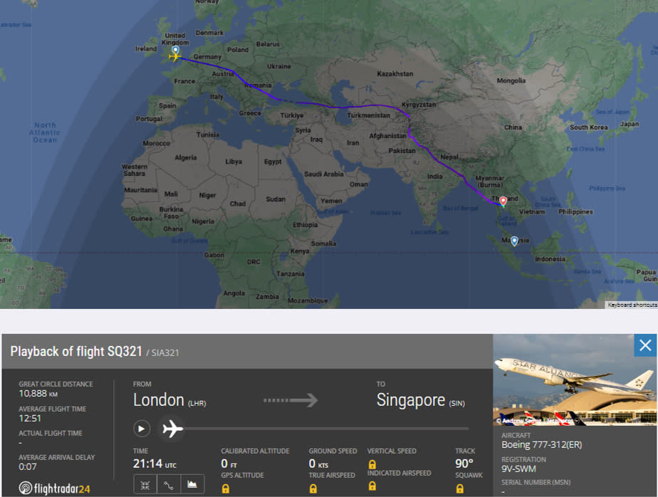 Screen grab taken from Flightradar24.com of the flightpath of Singapore Airlines flight SQ321 from London Heathrow to Singapore, which was diverted to Bangkok. Photo credit should read: Flightradar24.com/PA Wire