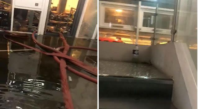 Chilling video from inside the deadly Grenfell Tower blaze shows debris, firefighters’ hoses and huge puddles of water. Picture: SWNS