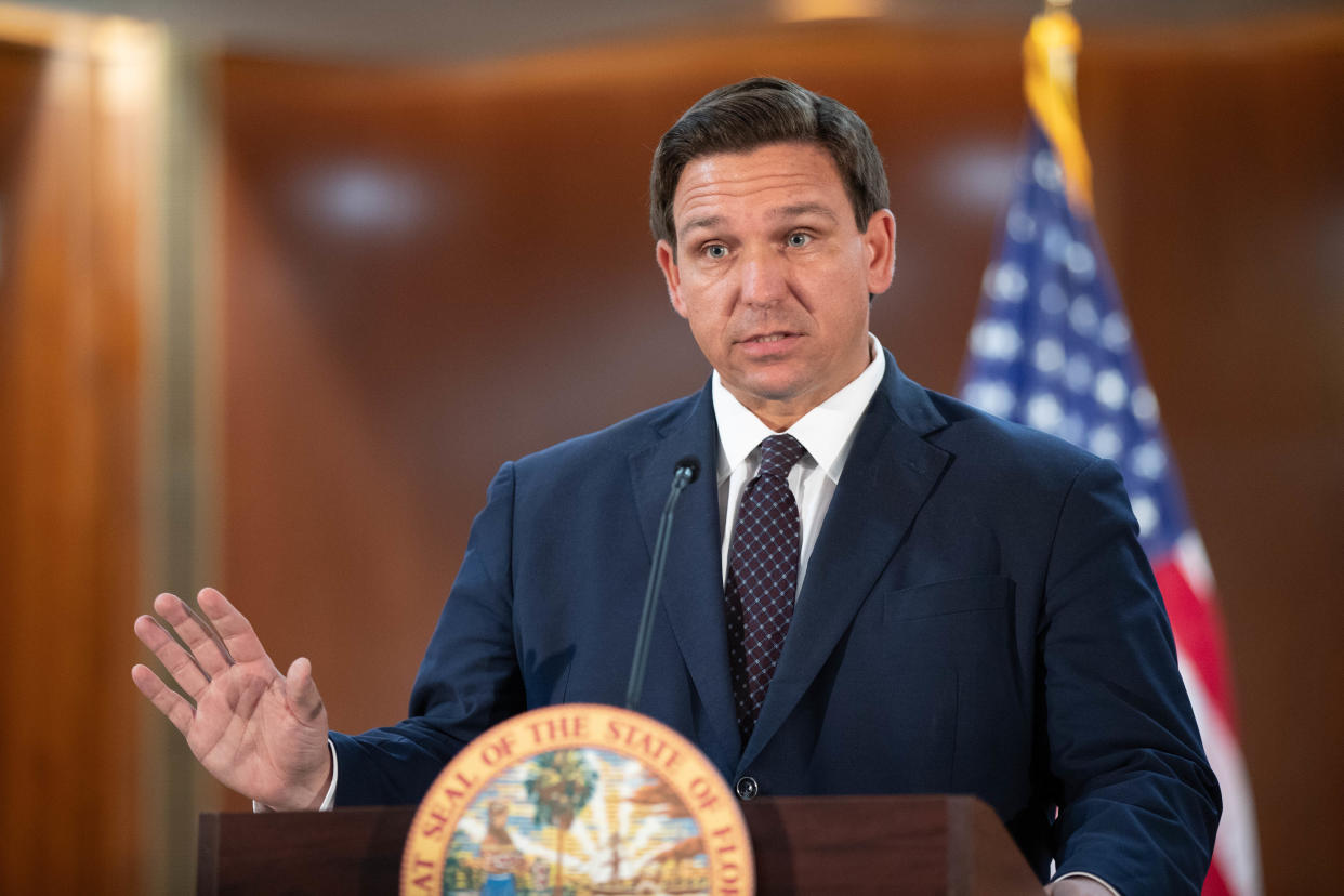 Gov. Ron DeSantis speaks at a press conference about the Transparency in Technology Act at the Capitol Monday, Feb. 15, 2021.