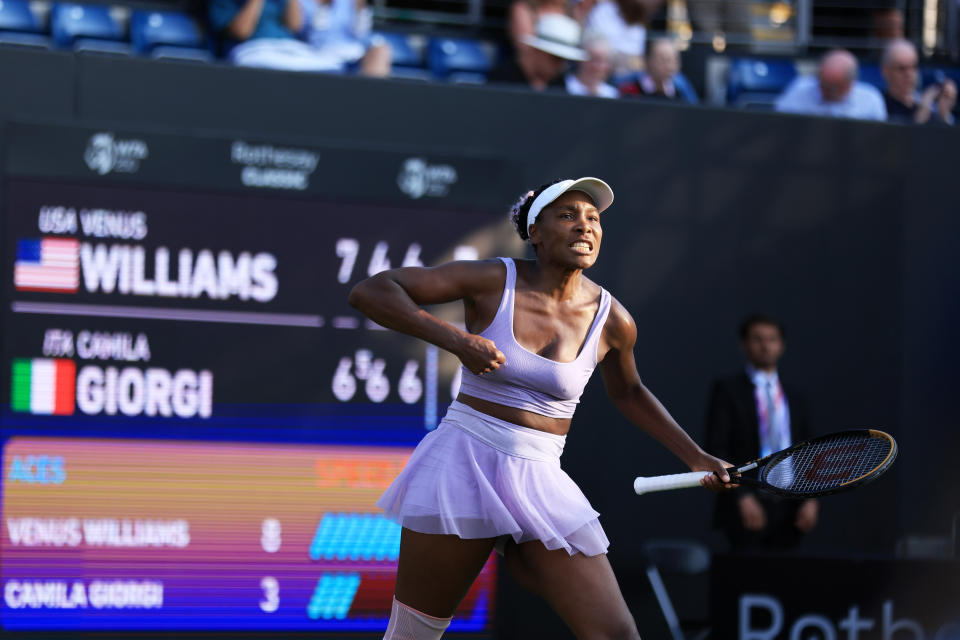 BIRMINGHAM, ENGLAND - JUNE 19: Venus Williams of the USA celebrates the winning match point against Camila Giorgi of Italy in the women's first round match on day three of the Rothesay Classic Birmingham at the Edgbaston Priory Club on June 19, 2023 in Birmingham, England.  (Photo by Stephen Pond/Getty Images for LTA)