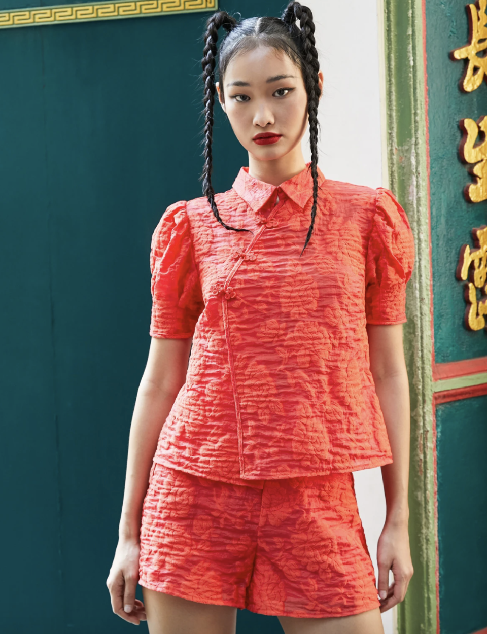 PHOTO: Pomelo. Puff Sleeve Knot Button Top, Red