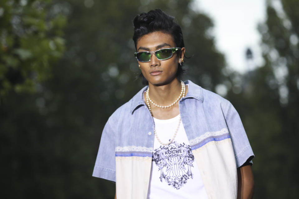 A model wears a creation for the Koche Spring-Summer 2021 fashion collection, Tuesday, Sept. 29, 2020, during Paris fashion week. (Photo by Vianney Le Caer/Invision/AP)